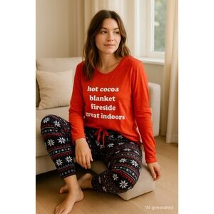 Cozy Zoe Womens Pajama Set Size‎ S Orange Black Long Sleeve Graphic Cozy Holiday
